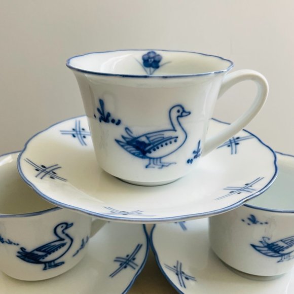Vintage Cordon Blue Porcelain Blue Goose Demitasse Cup Saucer Set of 3 - Picture 5 of 9